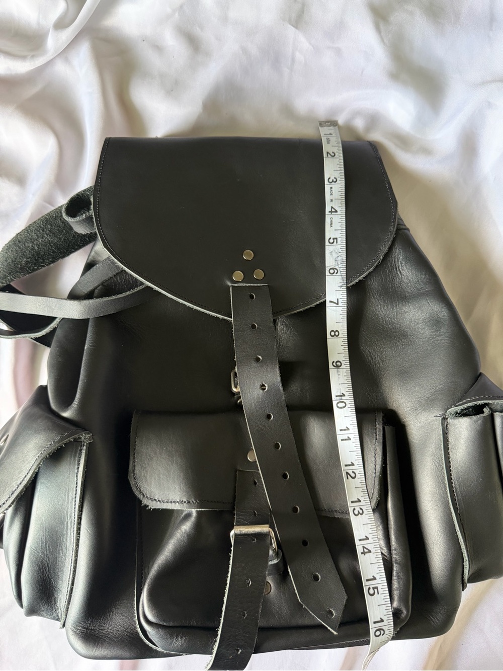 Black Leather Drawstring Backpack - Classic Utility Rucksack - Picture 7 of 9